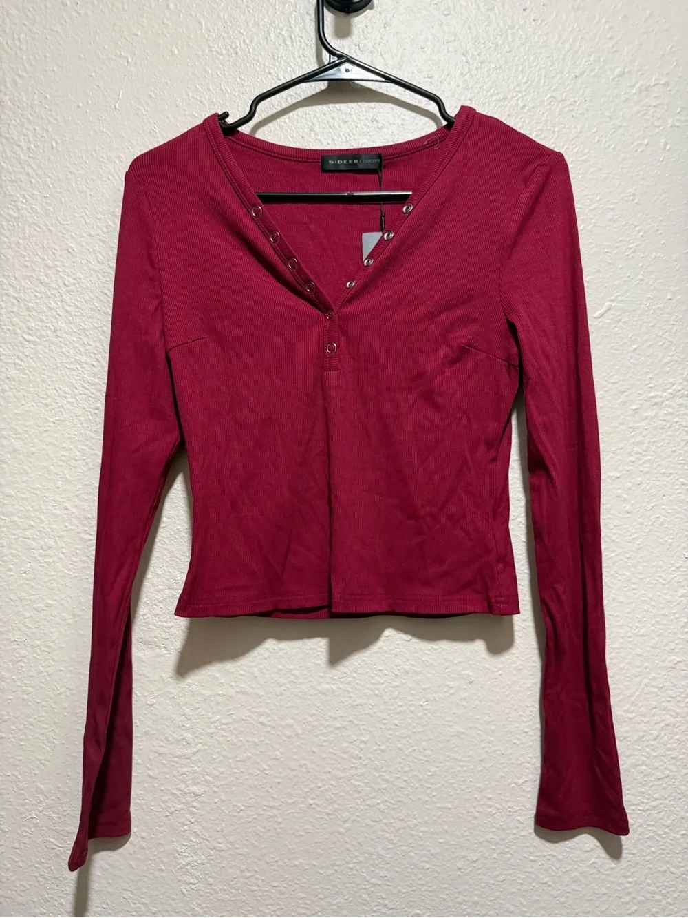 S-Deer Burgundy Long Sleeve Henley Rib Top